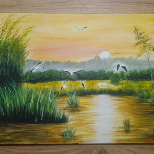 ZESTAW RĘCZNIE MALOWANYCH OBRAZÓW - TRYPTYK "ECHA PTASICH SKRZYDEŁ"