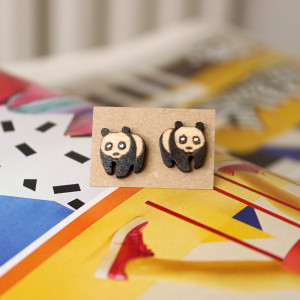 Drewniane kolczyki sztyfty Panda
