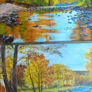 ZESTAW RĘCZNIE MALOWANYCH OBRAZÓW - DYPTYK "JESIEŃ NAD POTOKIEM"