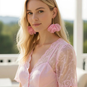 długie kolczyki - szyfonowe kwiatki - jasny róż