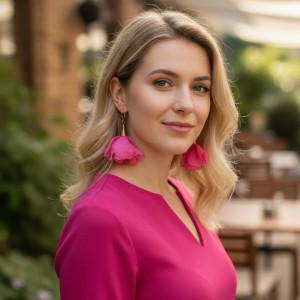 długie kolczyki - szyfonowe kwiatki - ciemny róż