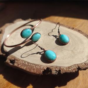 Bransoletka miedziana z jadeitem Plus kolczyki