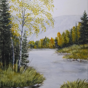 PEJZAŻ AKRYLOWY RĘCZNIE MALOWANY NA PŁÓTNIE "W ZŁOTAWYCH SITOWIACH" - 40x30cm