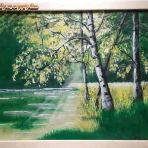 GOTOWY ZESTAW DO DOMU LUB NA PREZENT - RĘCZNIE MALOWANY OBRAZ "BRZOZOWYM PRZESMYKIEM" Z RAMĄ I MOTTO