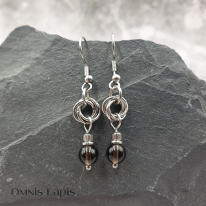 Kolczyki chainmaille - kwarc dymny