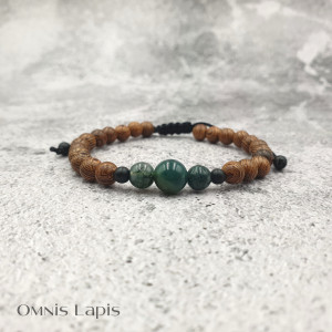 Bransoletka makrama - drewno orientalne i agat mszysty