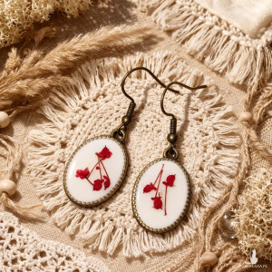 Kolczyki z żywicy w antycznej oprawie – czerwone kwiaty smagliczki owalne