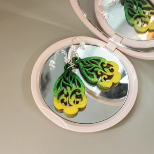 Ażurowe Żółte Zielone Koronka drewniane kolczyki