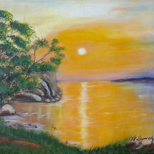 KLASYCZNY PEJZAŻ  RĘCZNIE MALOWANY PRZEDSTAWIAJĄCY ZACHÓD SŁOŃCA NAD WODĄ "SŁOŃCE W POMARAŃCZU" - 30x40cm