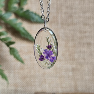 Srebrna zawieszka srebrny wisiorek naszyjnik żywica z żywicy kwiaty z kwiatami jajowata rośliny fioletowa