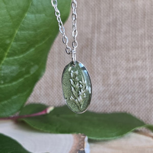 Srebrna zawieszka srebrny wisiorek naszyjnik żywica z żywicy kwiaty z kwiatami jajowata rośliny zielona