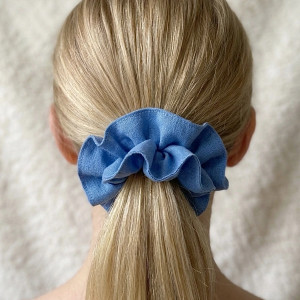 Lniana gumka scrunchies do włosów niebieska