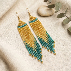 Długie kolczyki boho z koralików - Złoty blask i morski turkus