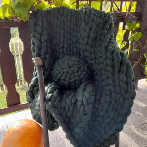 Koc i poduszka z merynosa, zieleń butelkowa