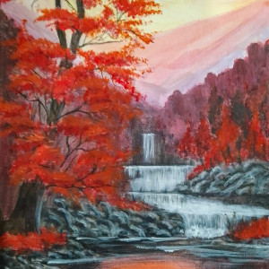 PEJZAŻ AKRYLOWY RĘCZNIE MALOWANY NA PŁÓTNIE "KARMAZYNOWA KASKADA" - 30x24cm (darmowa dostawa)