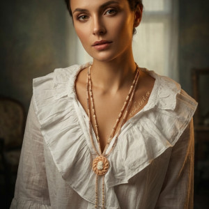 Naszyjnik wielorzędowy z kameą w stylu vintage - beżowy boho choker z koralikami