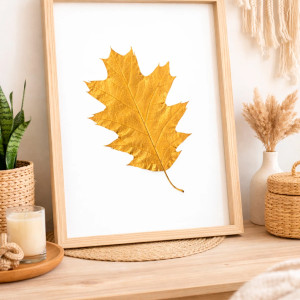 Obraz Botaniczny. Prawdziwy Liść Dębu. Złoty Liść Dąb 20x30cm. Unikat