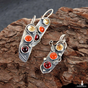 Komplet srebrny z cytrynem  karneolem i granatem