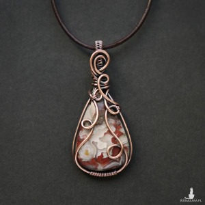 Wisiorek miedziany naszyjnik z agatem koronkowym wire wrapping