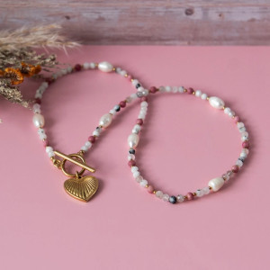 Naszyjnik AMOUR ✧ kamień księżycowy, rodochrozyt i perła ✧ serce