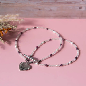 Naszyjnik AMOUR ✧ kwarc różowy, rubin i perła ✧ serce