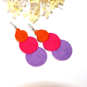 Długie Kolczyki Kolorowe Koła TRIO | Fiolet Fuksja Pomarańcz | Stal Chirurgiczna