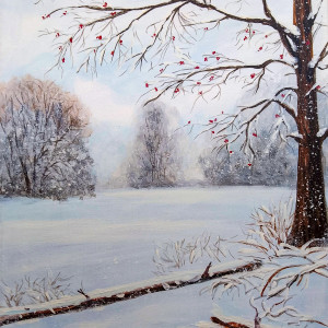 KLASYCZNY PEJZAŻ ZIMOWY W NOWOCZESNYM WYDANIU MALOWANY NA PŁÓTNIE -"W BIAŁEJ CISZY"
