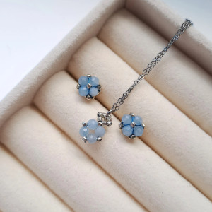 Komplet Biżuterii Akwamaryn- Kolczyki Sztyfty i Naszyjnik - wersja srebrna