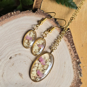 Komplet kolczyki złota zawieszka złoty wisiorek wisior naszyjnik żywica kwiaty z prawdziwymi kwiatami różowy