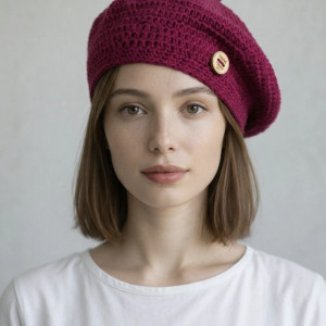 Wiosenny beret damski z antenką ręcznie robiony bawełna one size amarant