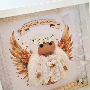 aniołek stróż w ramce 3 d za szybką Pierwsza Komuni św,Chrzest, urodziny