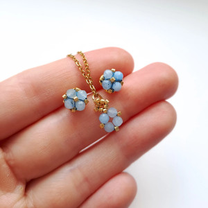 Komplet Biżuterii Akwamaryn- Kolczyki Sztyfty i Naszyjnik - wersja złota