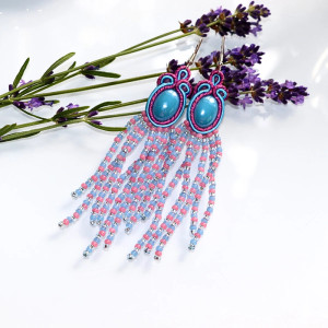 Kolczyki Indiance Sutasz | Niebiesko-Różowe Boho Fringes | Stal Chirurgiczna
