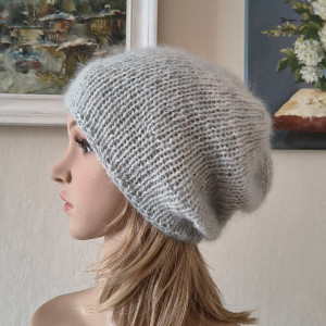 Rozbielona mięta-szlachetna ciepła, puchata czapka z merino, jedwabiem, moherem