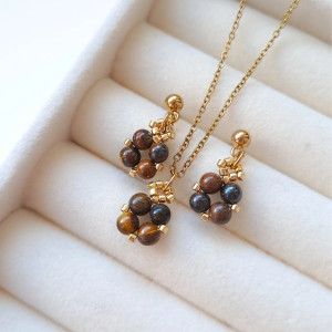 Komplet Biżuterii Tygrysie Oko - Kolczyki Sztyfty i Naszyjnik