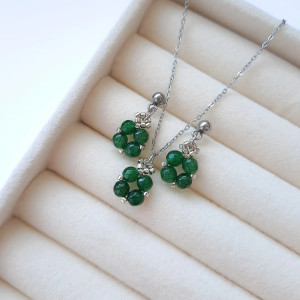 Komplet Biżuterii Jadeit Ciemnozielony - Kolczyki Sztyfty i Naszyjnik