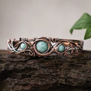 Bransoletka miedziana elficka wire wrapping z amazonitami