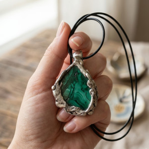 Amulet matki wszechrzeczy - brutalistyczny wisior z malachitem