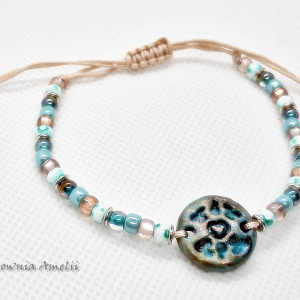 bransoletka sznurkowa polymer clay turkus złoto beż