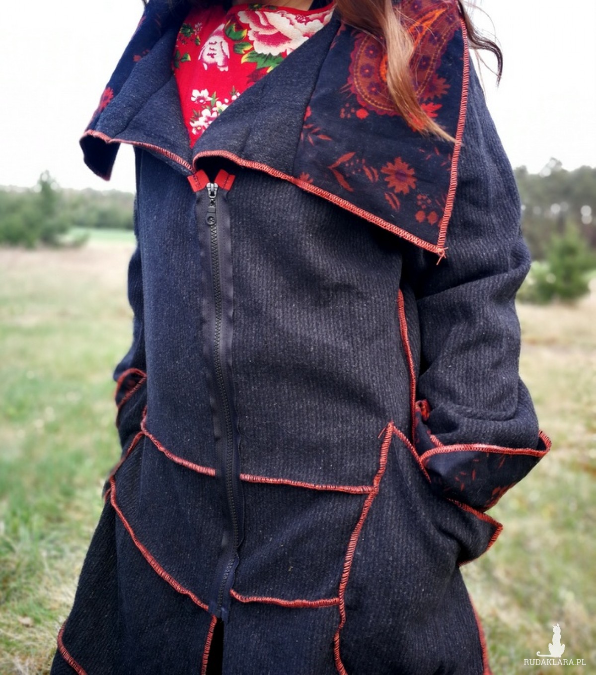 płaszcz wełniany patchworkowy damski wiosenny