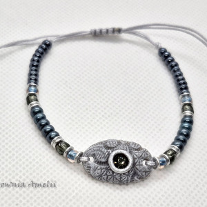 bransoletka sznurkowa polymer clay z szarym oczkiem