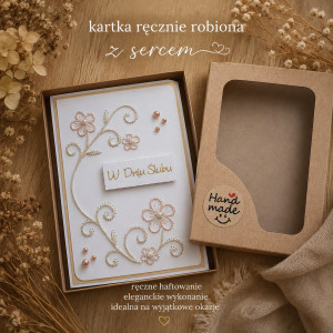 kartka ślubna ręcznie haftowana w pudełku