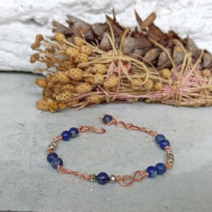 Piryt Lapis Lazuli Bransoletka miedziana z kamieniami naturalnymi