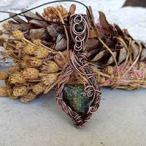 Wisiorek miedziany Chalkopiryt Agat Mszysty Naszyjnik Wire Wrapping z kamieniem naturalnym