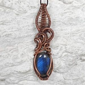 Labradoryt Wisiorek miedziany Naszyjnik Wisior Wire Wrapping z kamieniem naturalnym