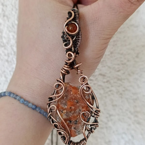 Kalcyt Ognisty Karneol Wisior miedziany Naszyjnik Wisiorek Wire Wrapping z kamieniem naturalnym