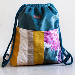 Plecak worek patchwork petrol – unikatowy plecak z weluru z kieszeniami