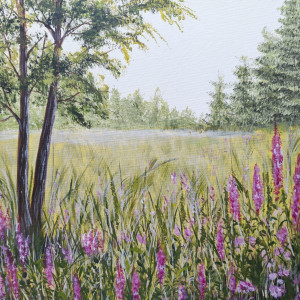 DUŻY KWIECISTY I NASTROJOWY PEJZAŻ MALOWANY NA PŁÓTNIE - "SIELSKI ŚWIT" 50x40cm