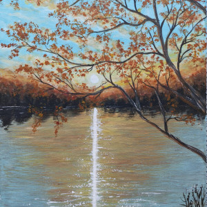 NASTROJOWY PEJZAŻ MALOWANY NA PŁÓTNIE - "ROMANTYCZNE REFLEKSY" 40x30cm