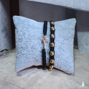 Zestaw bransoletek Macrame czarno-złotych – krzyżyk i koraliki, regulowane
